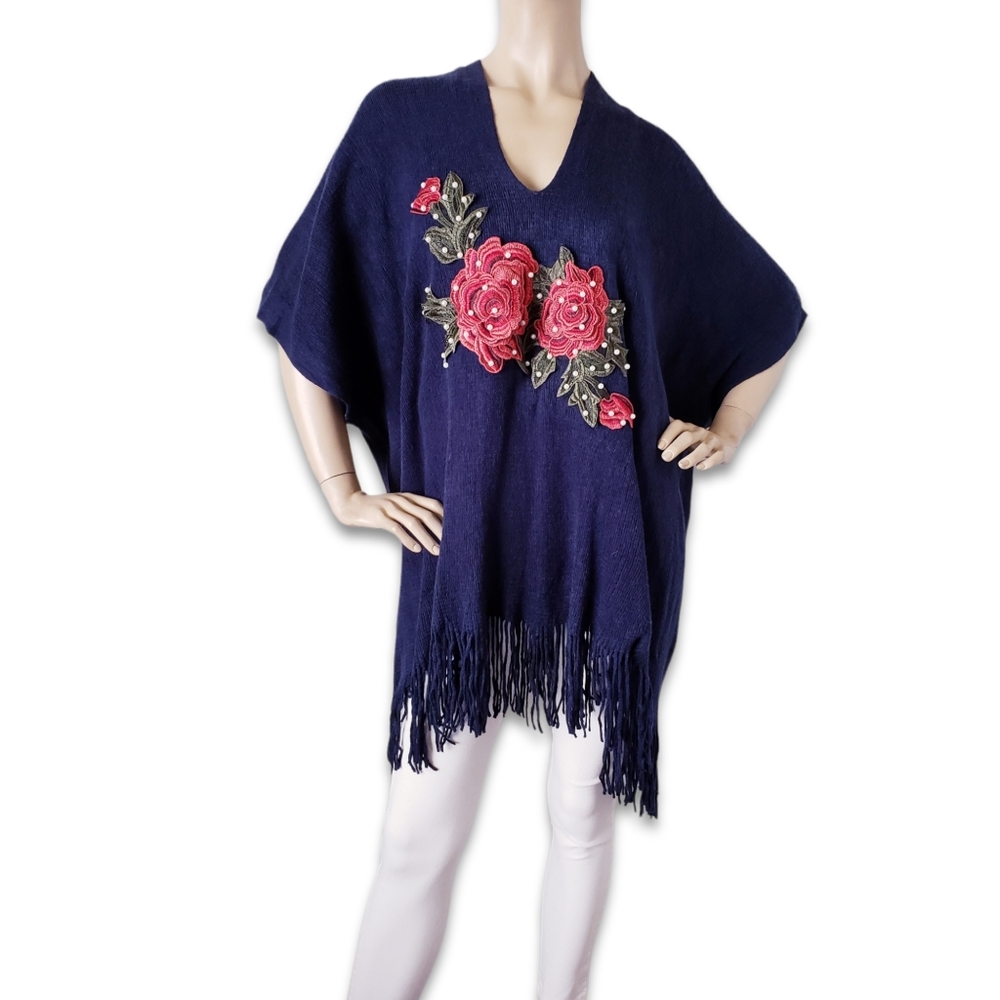 C-Mode Navy Blue Red Rose Embellished & Pearled Fringe Hem Poncho - Picture 8 of 8